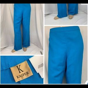 Kasper Pants S18 Blue Flat Front Linen Wide Leg